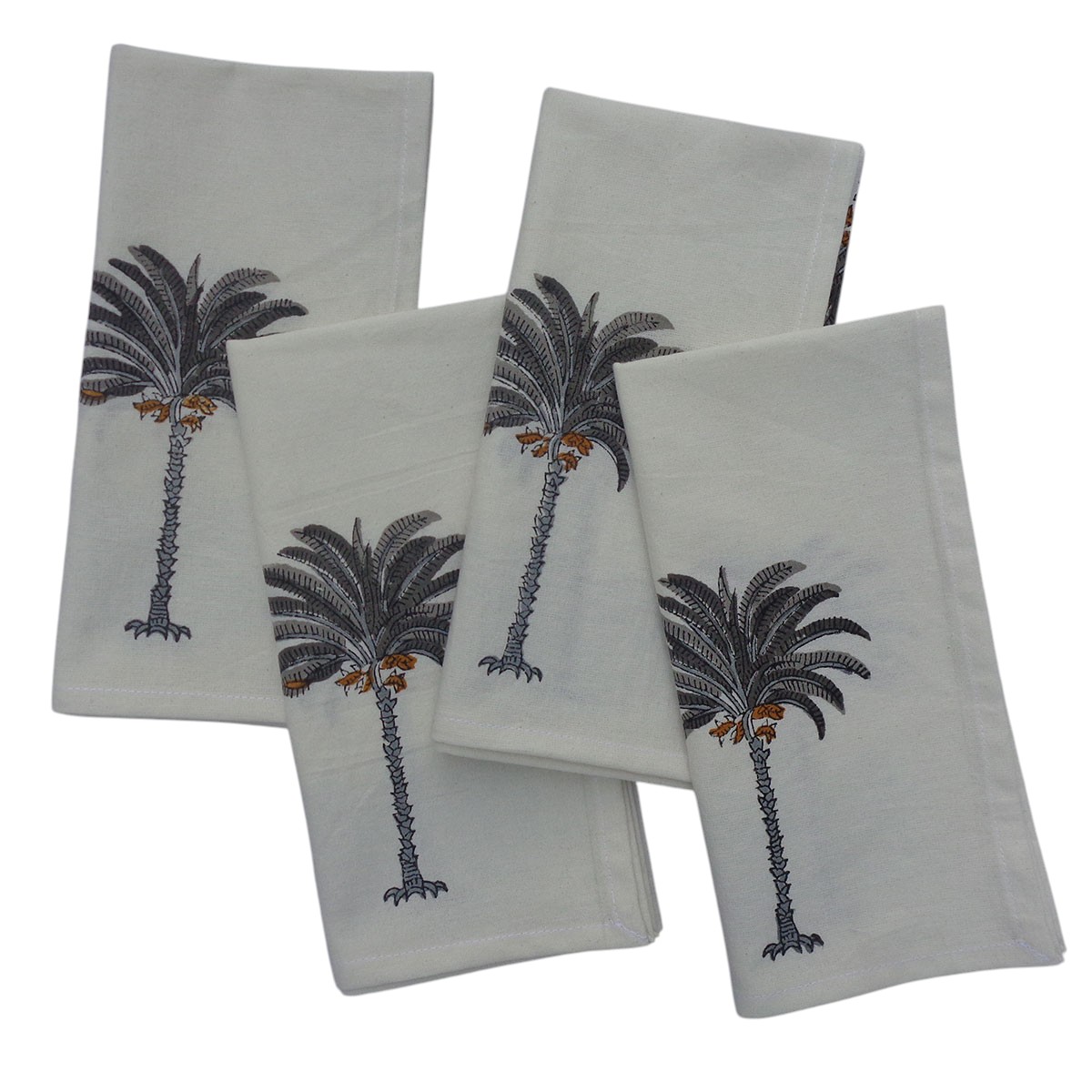 Hand Block Printed Cotton Napkin 45x45 cms Set of 4 Napkins Palm Tree Grey 105193