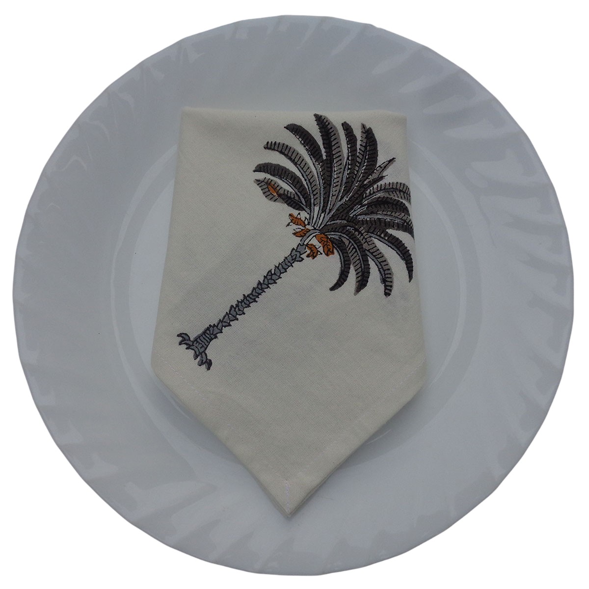 Hand Block Printed Cotton Napkin 45x45 cms Set of 4 Napkins Palm Tree Grey 105193