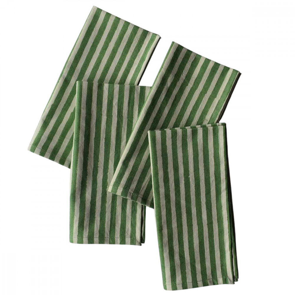 Image of Hand Block Printed Cotton Napkin 45x45 cms (Set of 4 Napkins) | Stripe Green Olive 202529