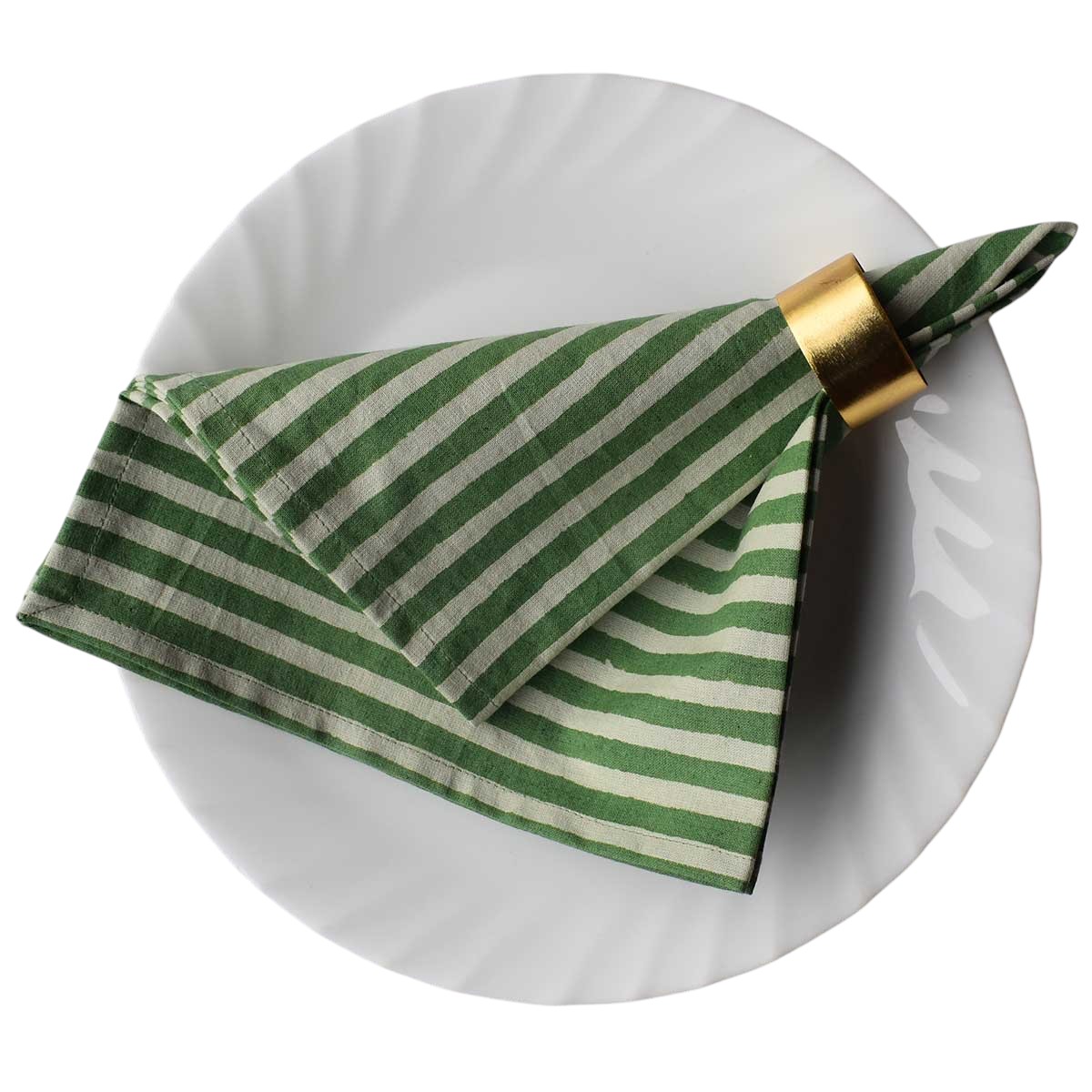 Hand Block Printed Cotton Napkin 45x45 cms Set of 4 Napkins Stripe Green Olive 202529