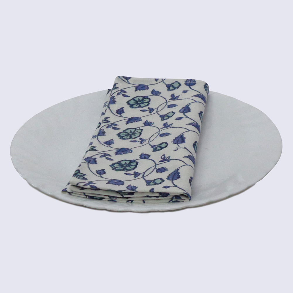 Hand Block Printed Cotton Napkin 45x45 cms Set of 4 Napkins  Floral Kali Blue 203903