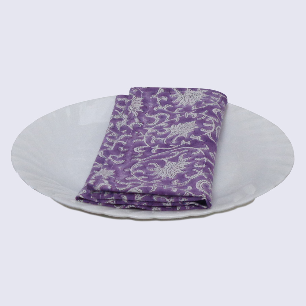 Hand Block Printed Cotton Napkin 45x45 cms Set of 4 Napkins Floral Purple Gud 207987