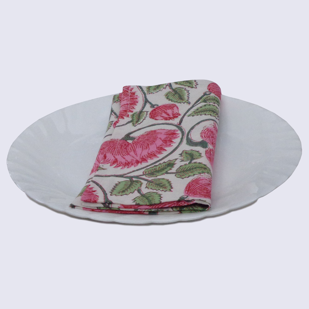 Hand Block Printed Cotton Napkin 45x45 cms Set of 4 Napkins Kamal Gulabi Open 103739