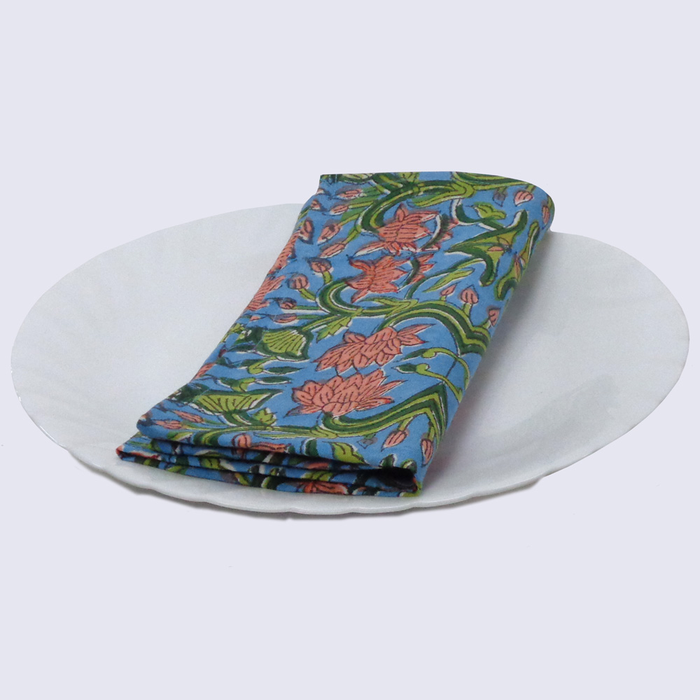 Hand Block Printed Cotton Napkin 45x45 cms Set of 4 Napkins Lotus Green Gud 204895