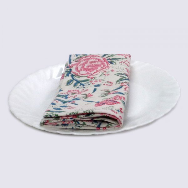 Hand Block Printed Cotton Napkin 45x45 Set of 4 Napkins Naya Gulab Open 106866