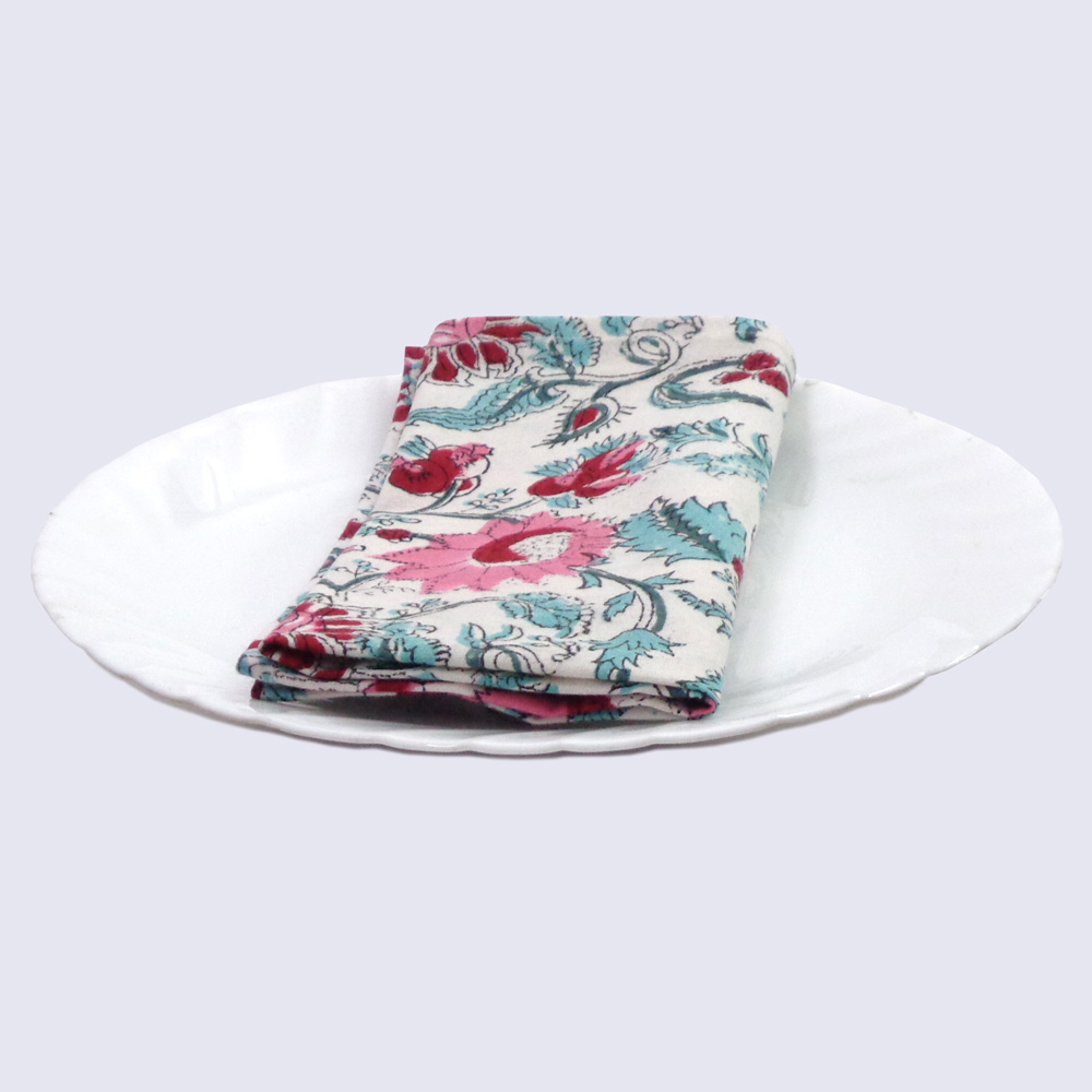Hand Block Printed Cotton Napkin 45x45 cms Set of 4 Napkins Phuljhari Open 200865