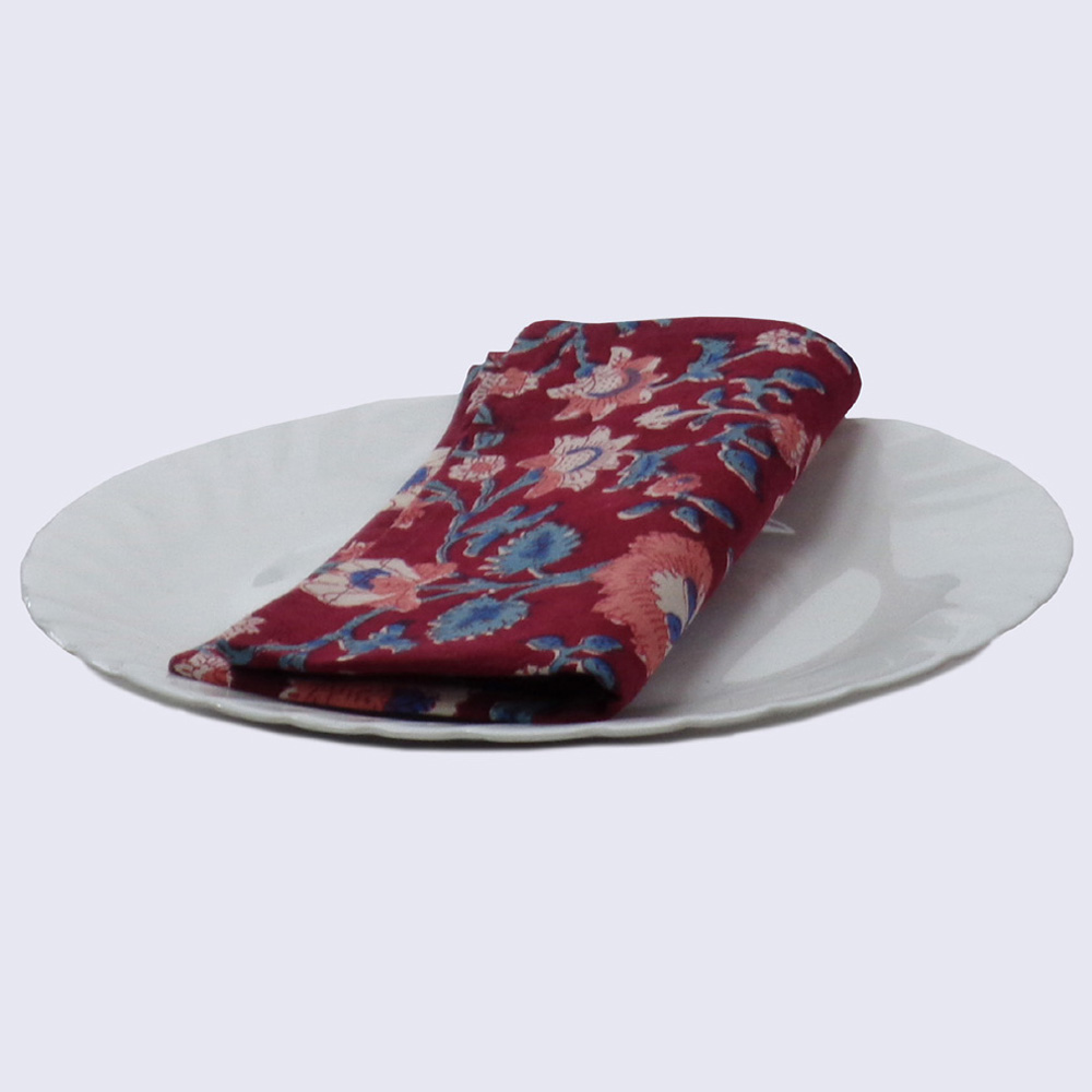 Hand Block Printed Cotton Napkin 45x45 cms Set of 4 Napkins Rukhsana Maroon Gud 105823
