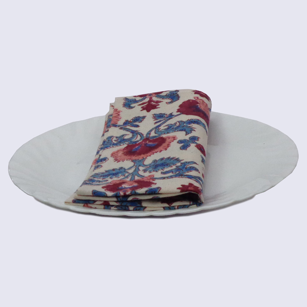 Hand Block Printed Cotton Napkin 45x45 cms Set of 4 Napkins Rukhsana Maroon Open 100350