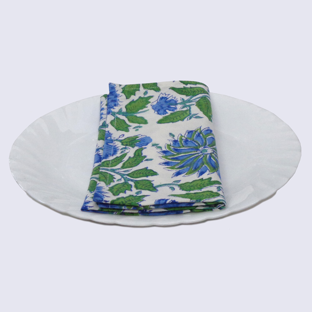 Hand Block Printed Cotton Napkin 45x45 cms Set of 4 Napkins Surajmukhi Blue Open 207560