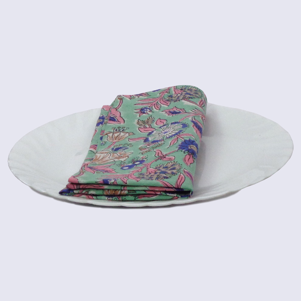 Hand Block Printed Cotton Napkin 45x45 cms Set of 4 Napkins Wild Flower Ocean Gud 100342