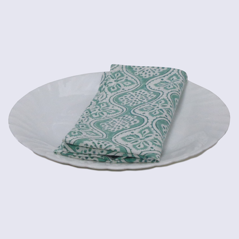 Hand Block Printed Cotton Napkin 45x45 cms Set of 4 Napkins Ogee Green 207990
