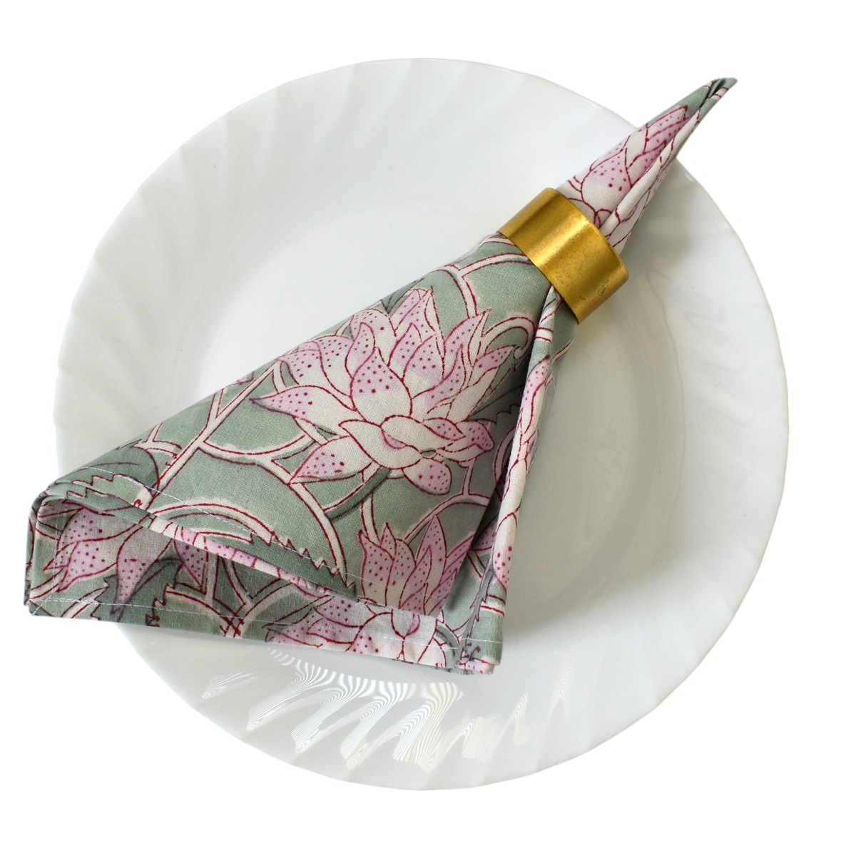 Hand Block Printed Cotton Napkin 45x45 cms Set of 4 Napkins Japan Lotus Green 202501