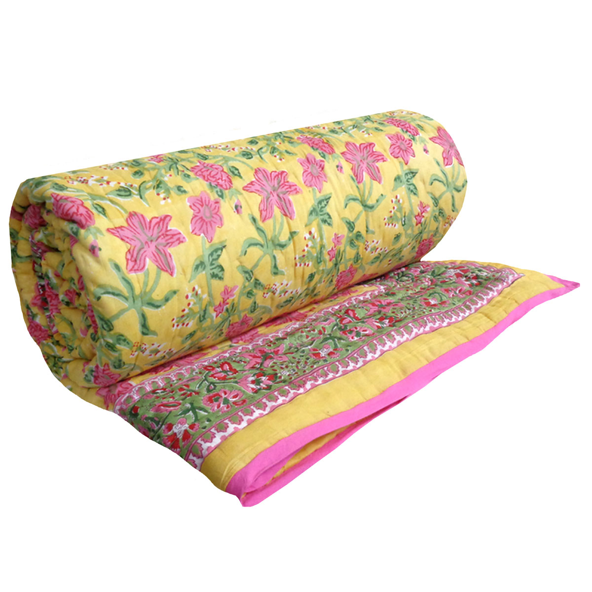 Hand Block Printed Cotton Quilt King Size Nargis Lime 102382