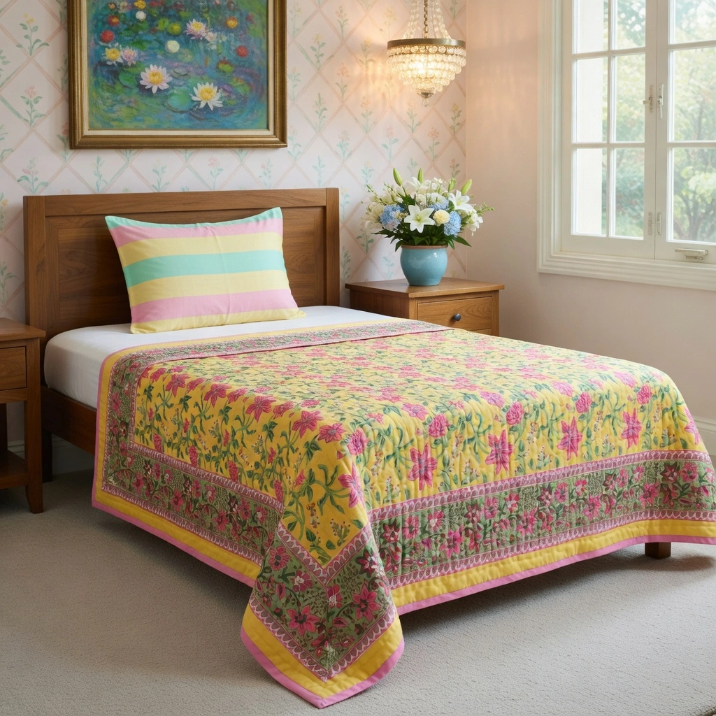 Hand Block Printed Cotton Twin Size Quilt Nargis Lime 102382