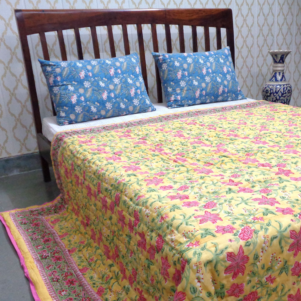 Hand Block Printed Cotton Quilt King Size Nargis Lime 102382