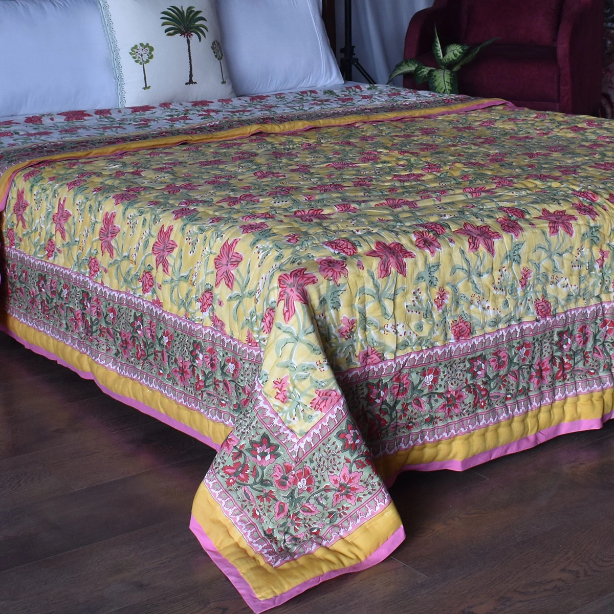 Hand Block Printed Cotton Quilt King Size Nargis Lime 102382