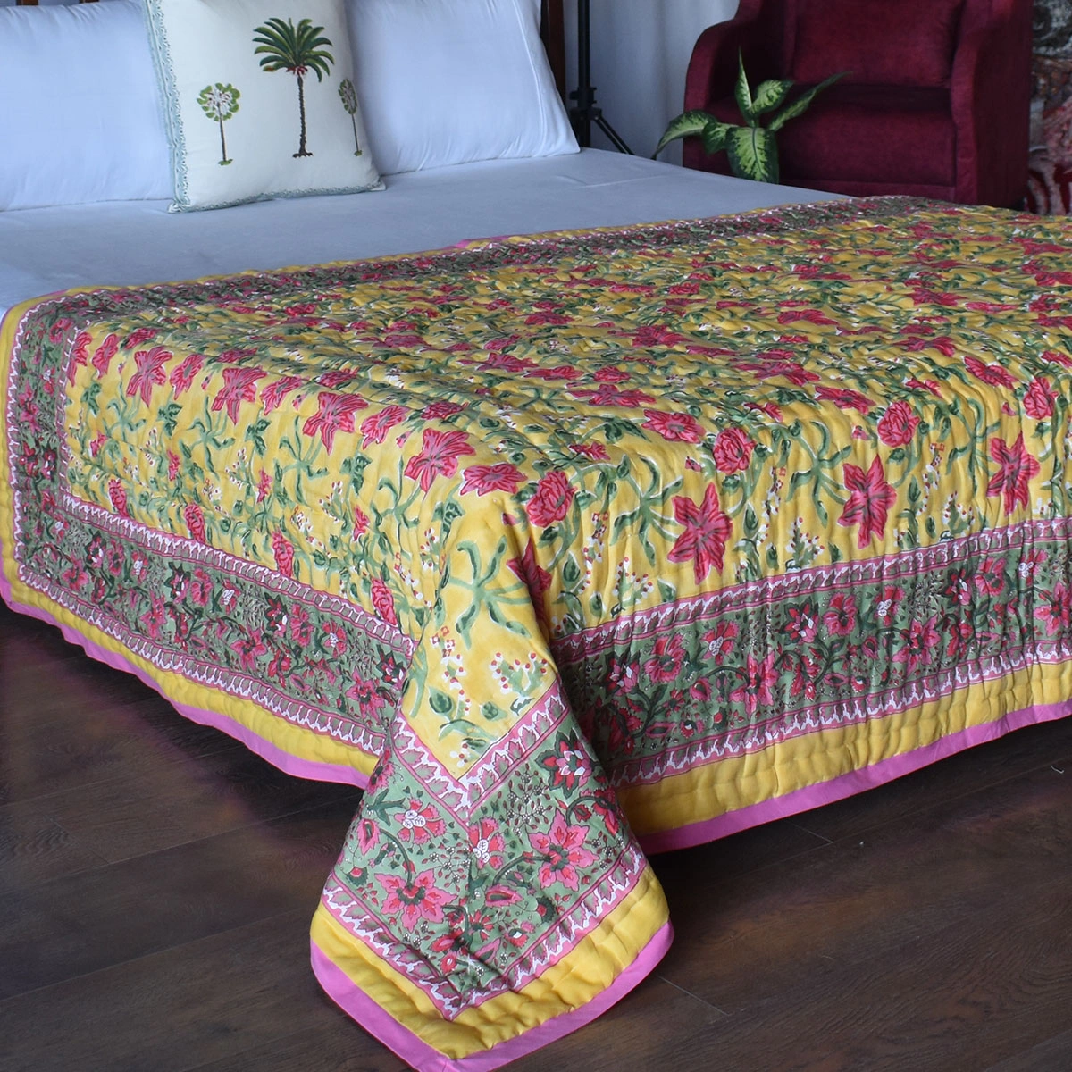 Hand Block Printed Cotton Twin Size Quilt Nargis Lime 102382