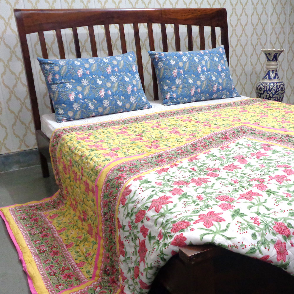 Hand Block Printed Cotton Quilt King Size Nargis Lime 102382