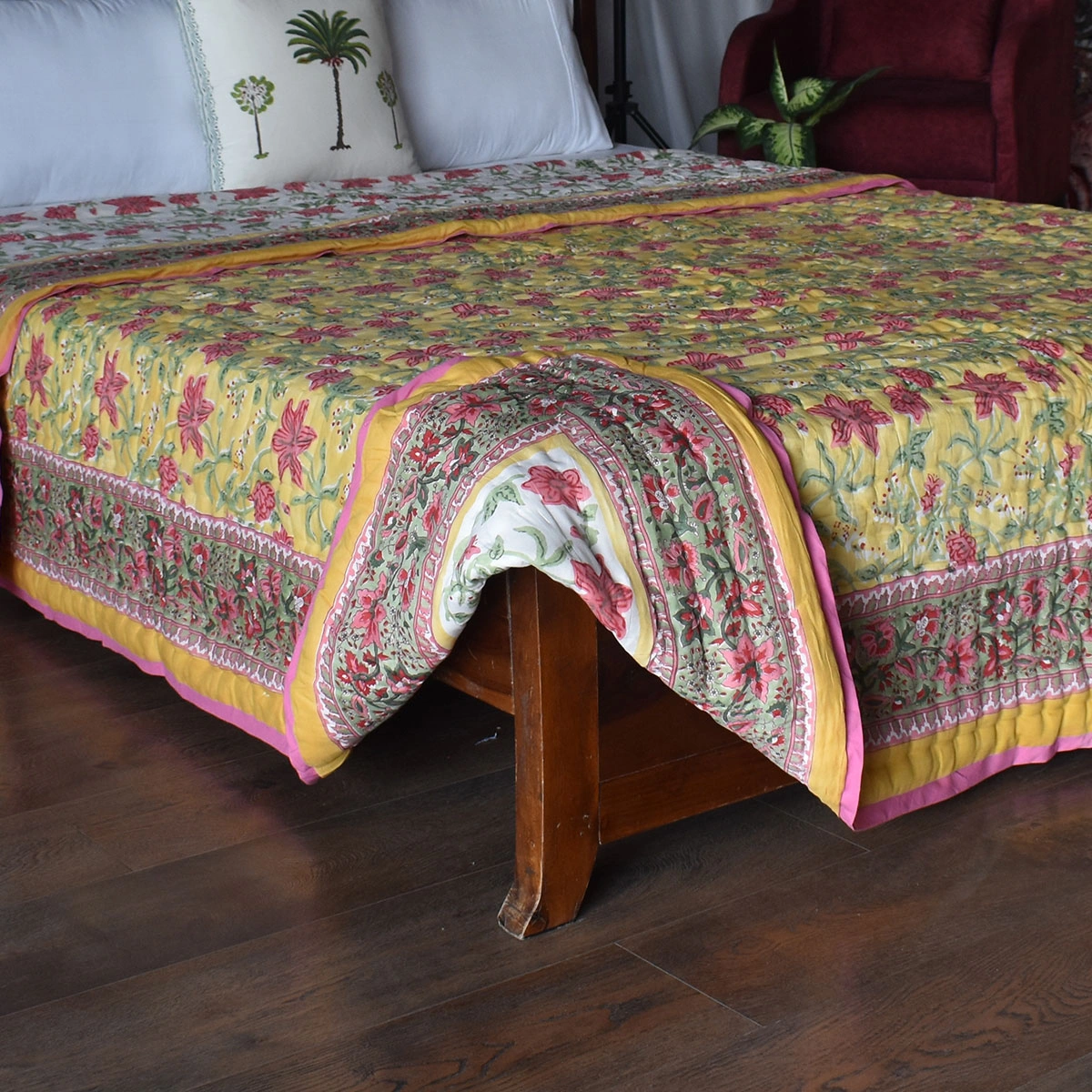 Hand Block Printed Cotton Quilt King Size Nargis Lime 102382