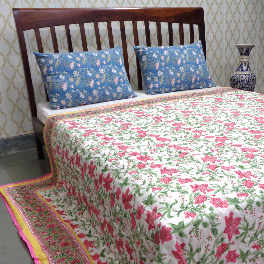 Hand Block Printed Cotton Quilt King Size Nargis Lime 102382