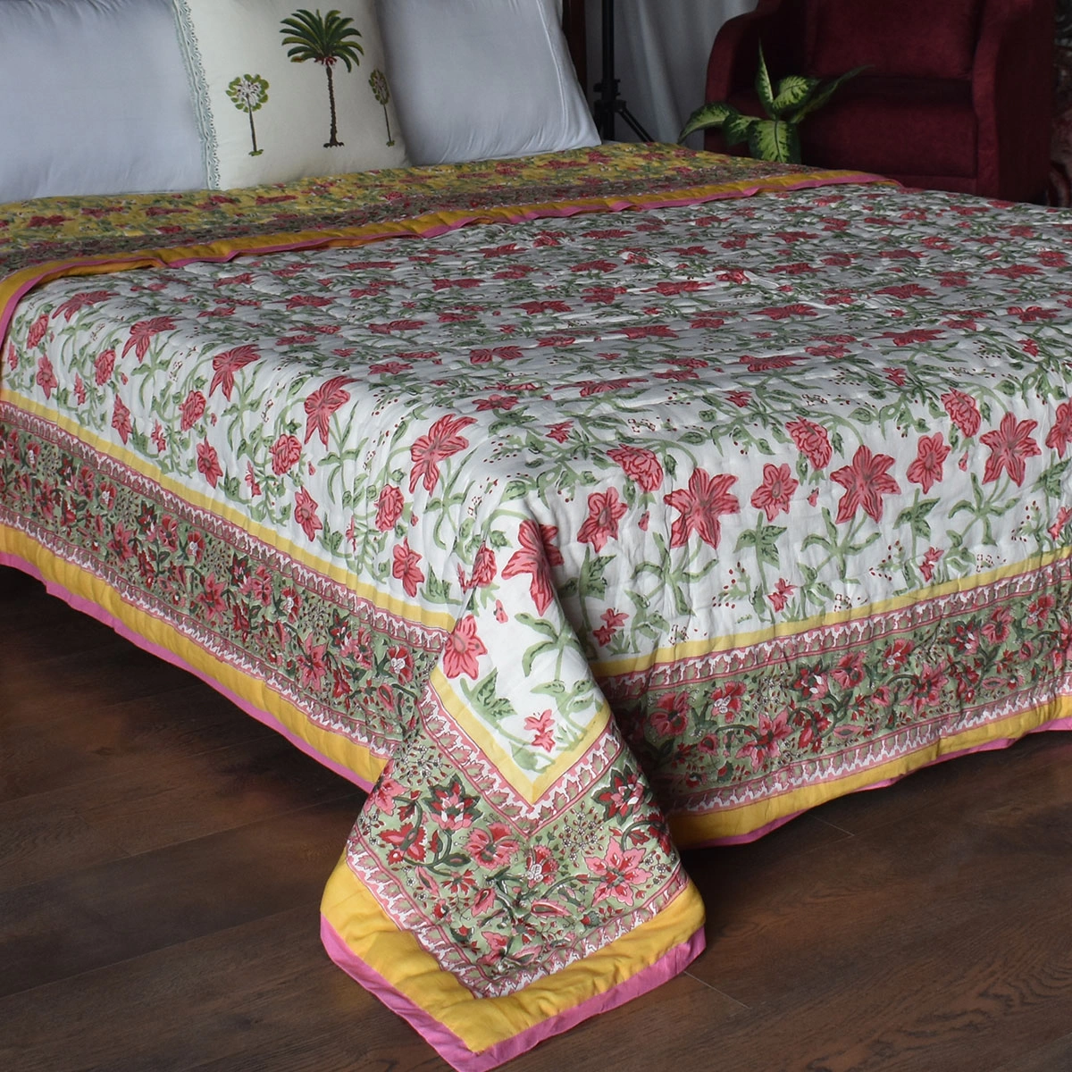 Hand Block Printed Cotton Quilt King Size Nargis Lime 102382