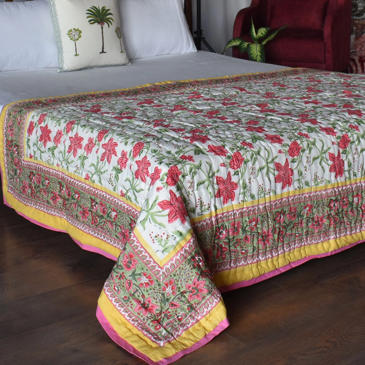 Hand Block Printed Cotton Twin Size Quilt Nargis Lime 102382