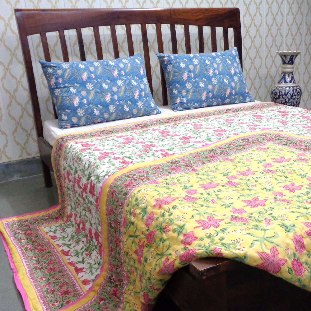 Hand Block Printed Cotton Quilt King Size Nargis Lime 102382