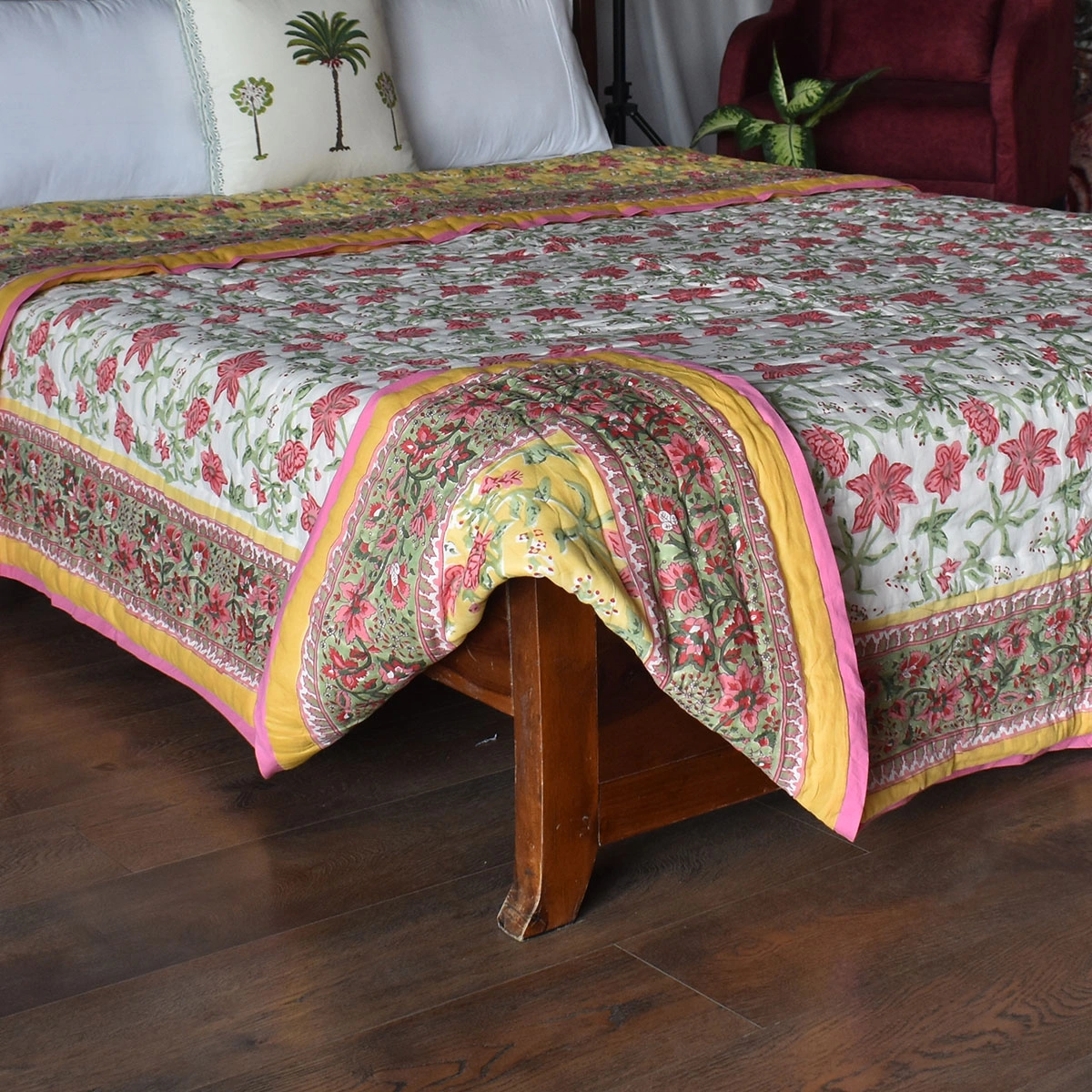 Hand Block Printed Cotton Quilt King Size Nargis Lime 102382