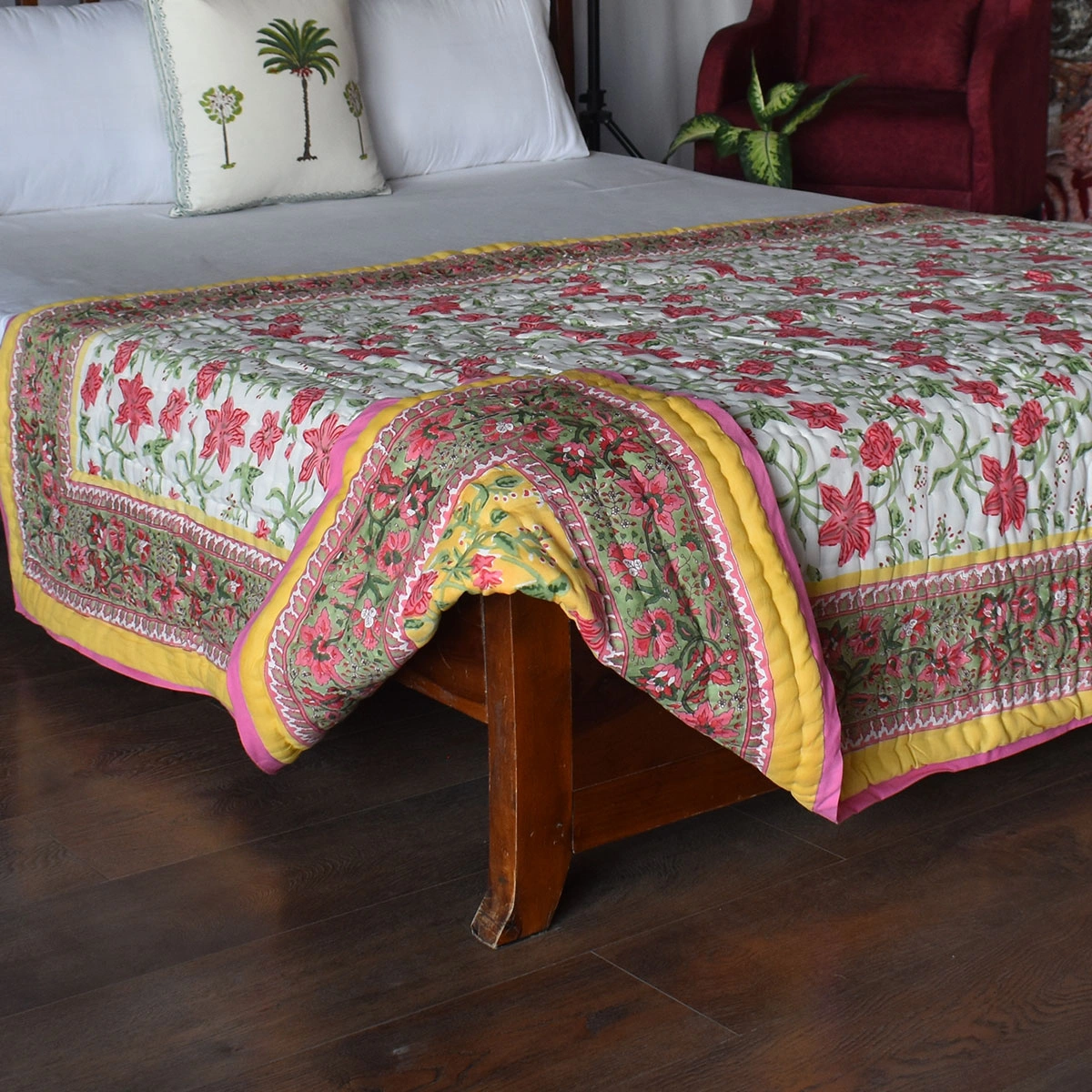 Hand Block Printed Cotton Twin Size Quilt Nargis Lime 102382