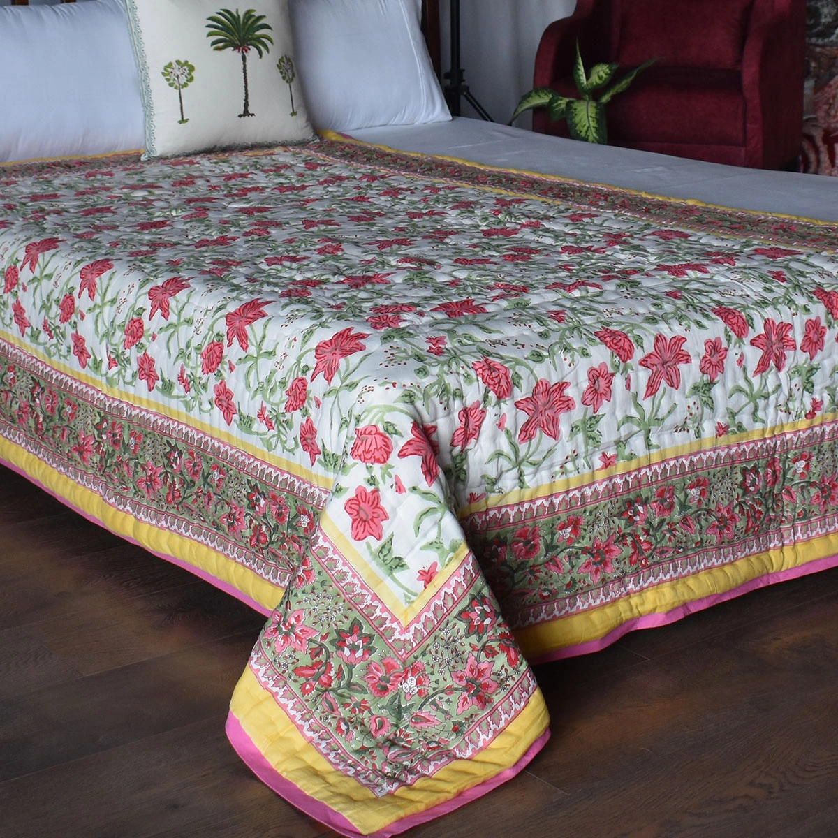 Hand Block Printed Cotton Twin Size Quilt Nargis Lime 102382