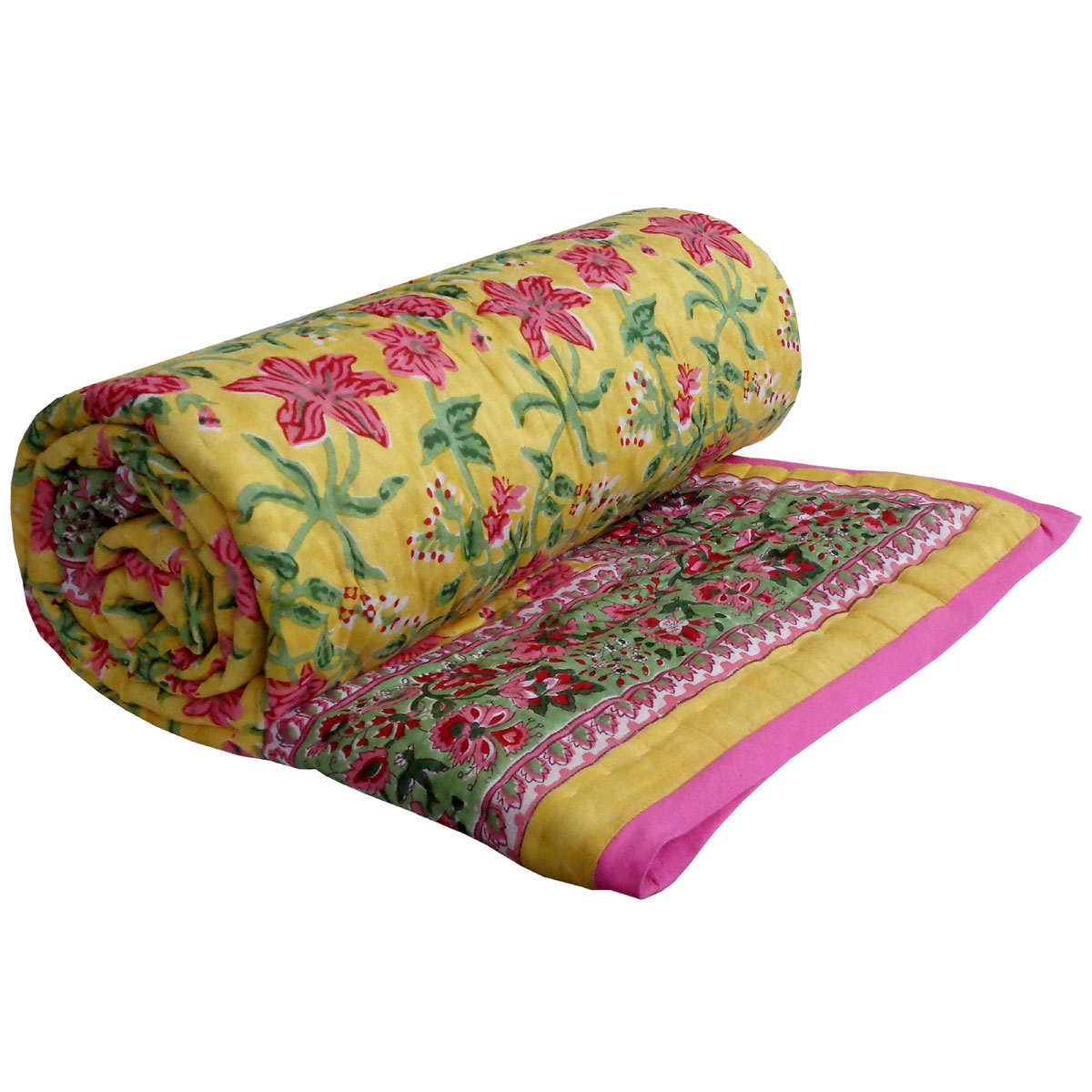 Hand Block Printed Cotton Twin Size Quilt Nargis Lime 102382