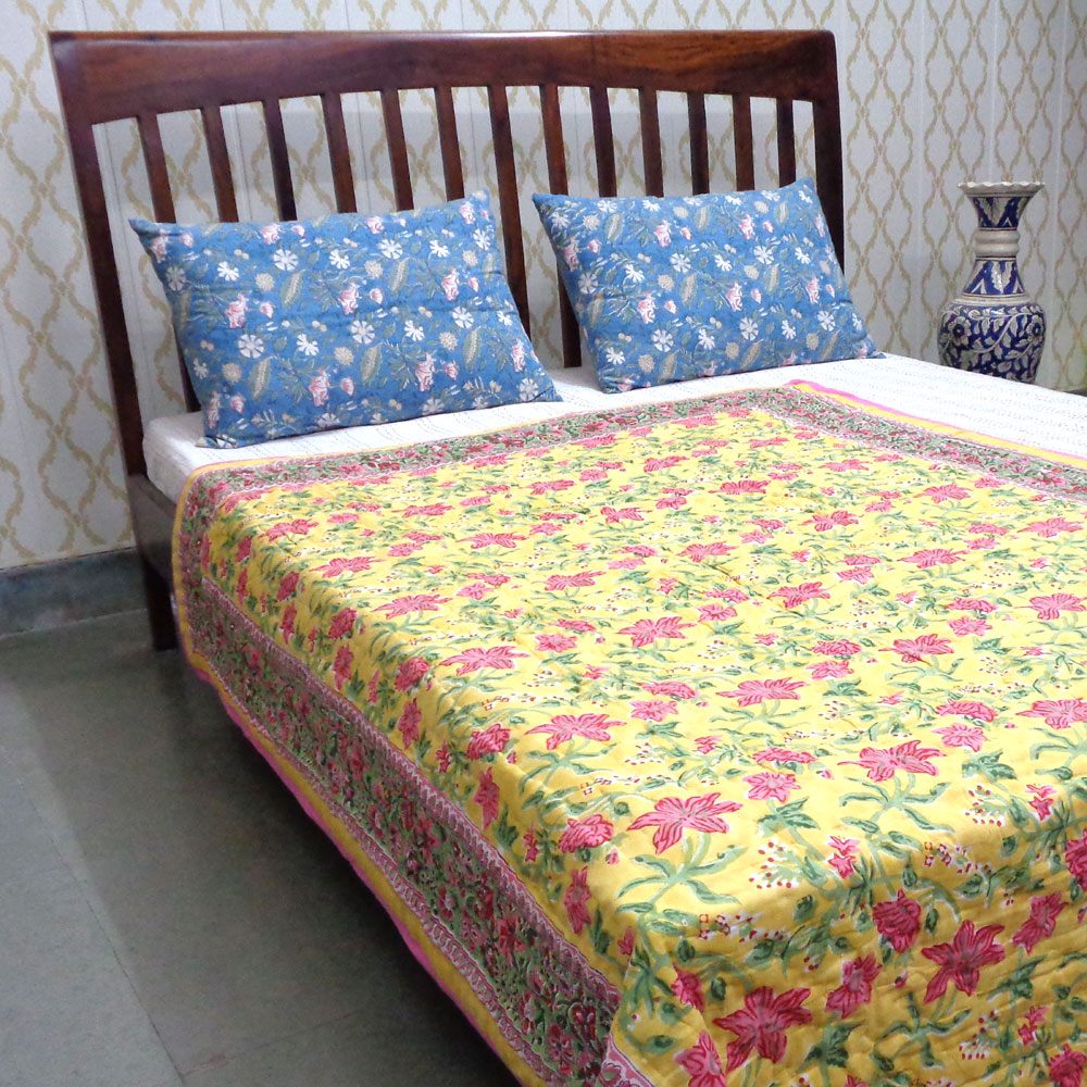 Hand Block Printed Cotton Twin Size Quilt Nargis Lime 102382