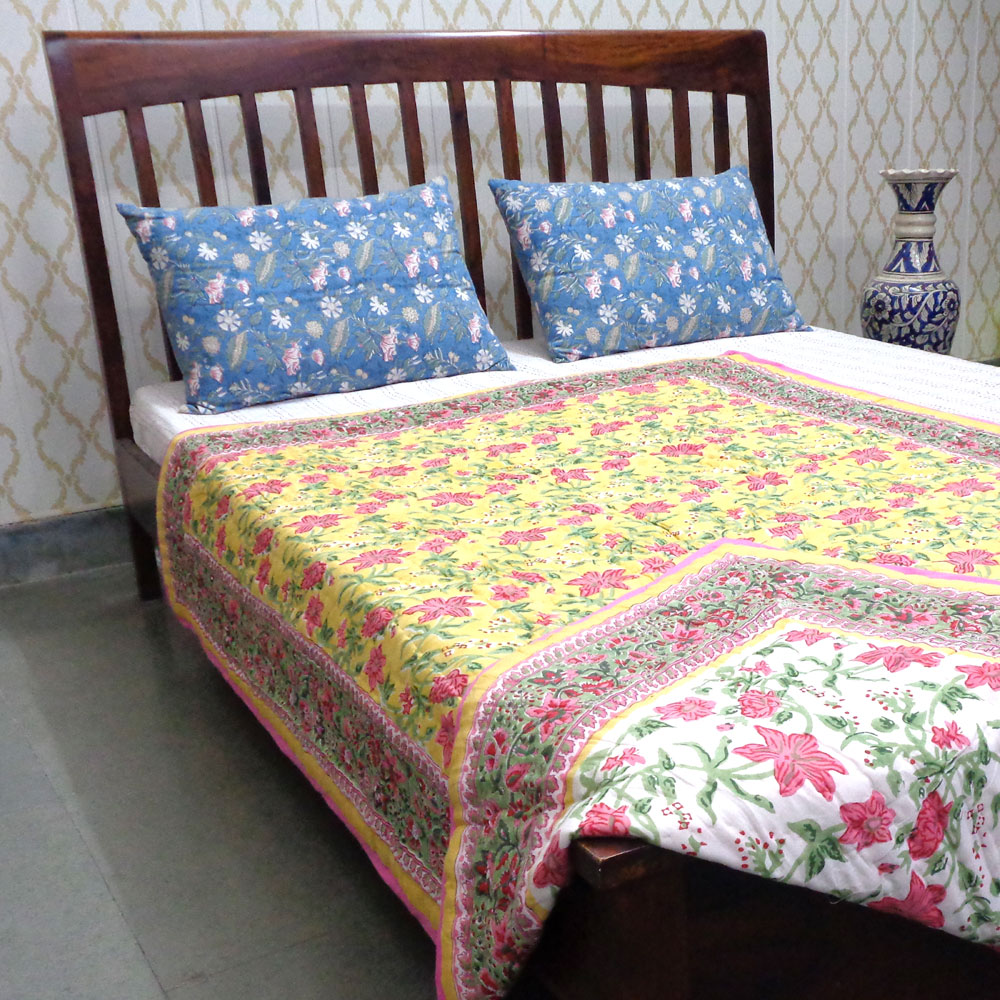 Hand Block Printed Cotton Twin Size Quilt Nargis Lime 102382
