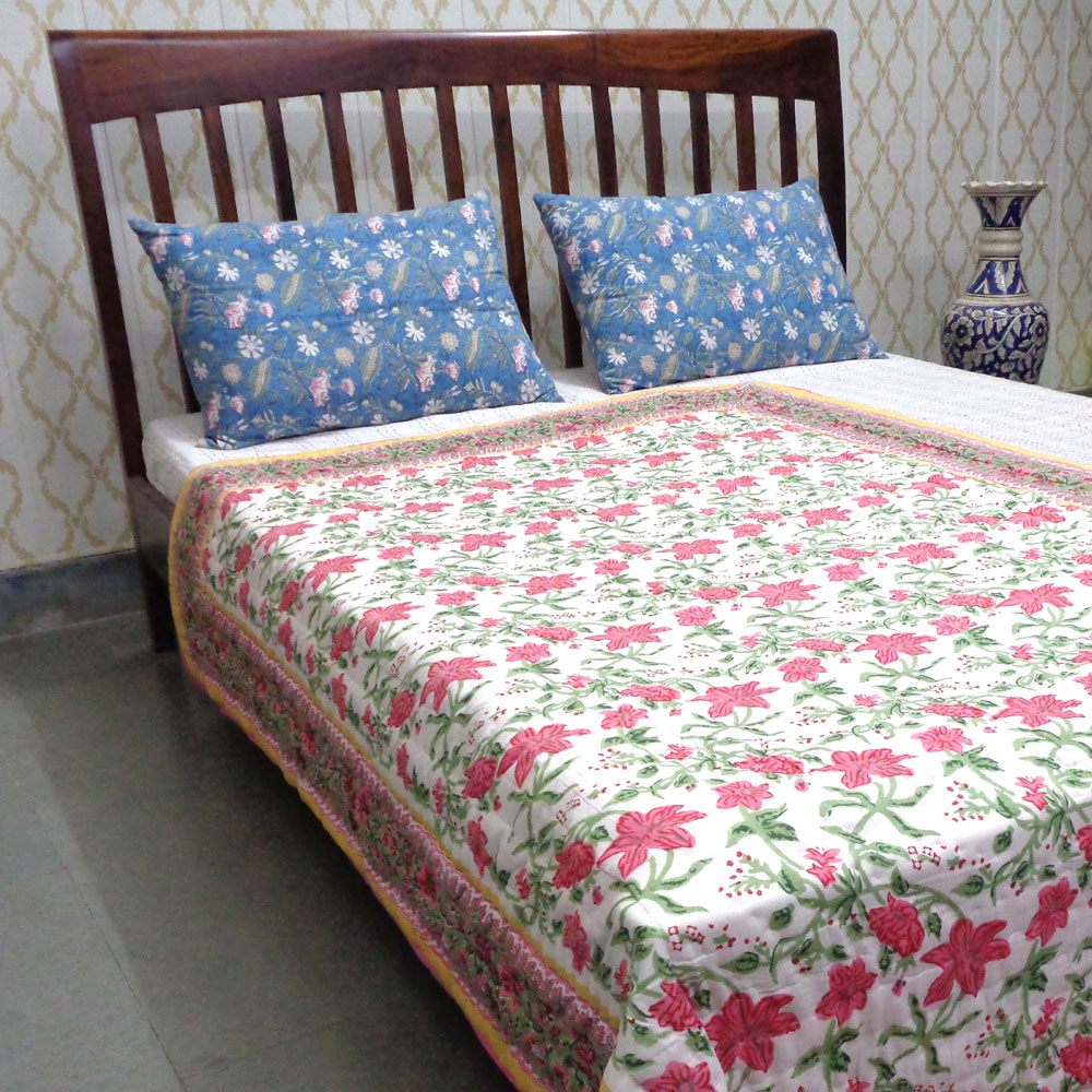 Hand Block Printed Cotton Twin Size Quilt Nargis Lime 102382