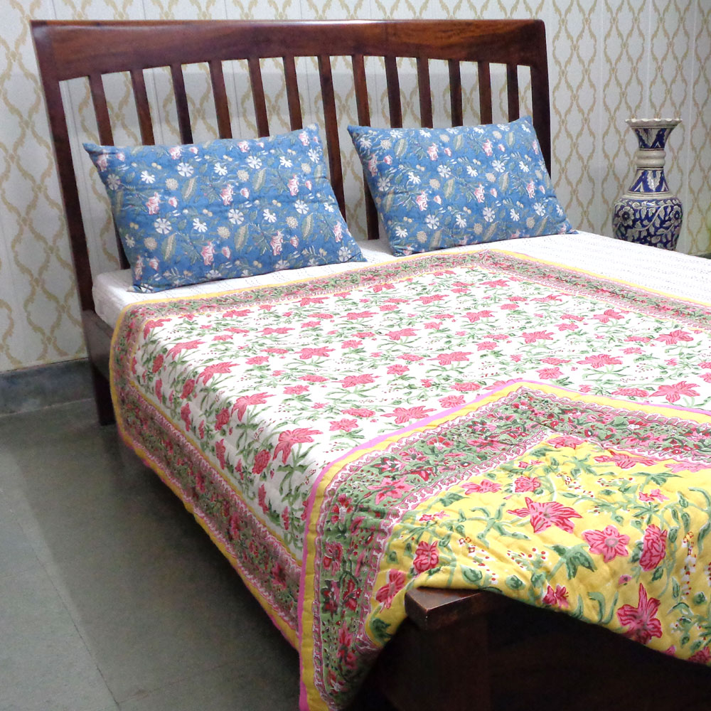 Hand Block Printed Cotton Twin Size Quilt Nargis Lime 102382