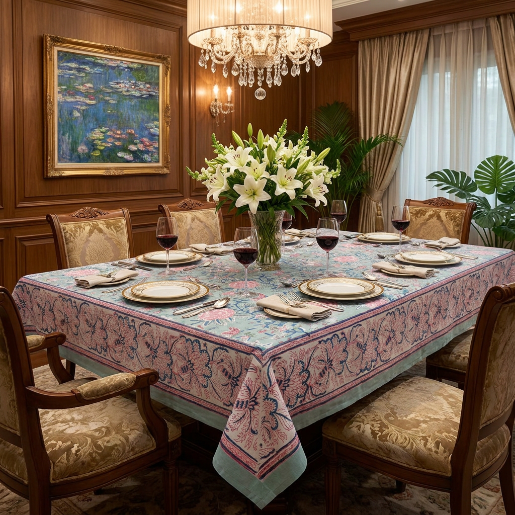 Tablecloth 12 seater in Cotton Hand Block Printed Cotton Tablecloth 180x340 cms Naya Gulab Gud 106799