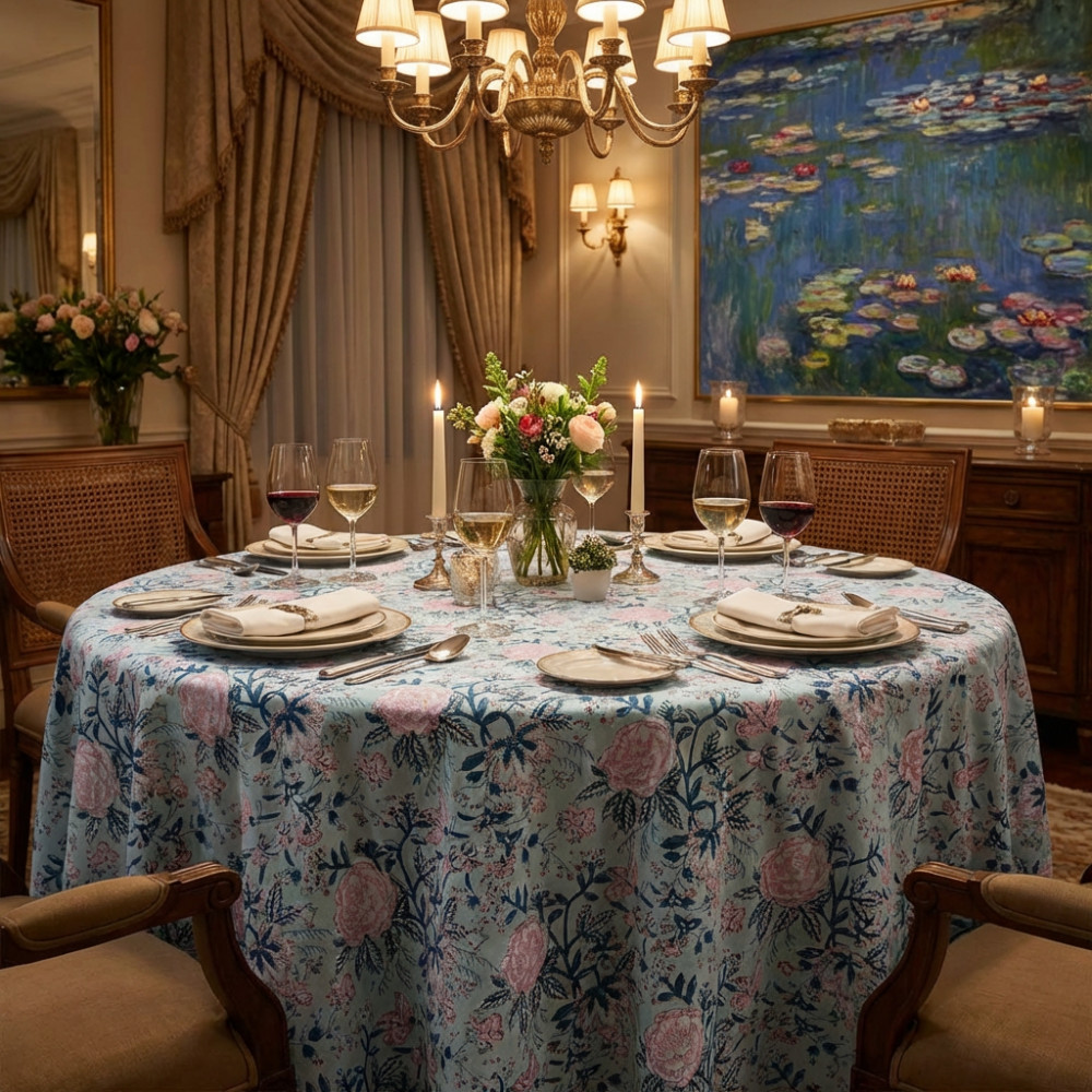 Image of Hand Block Printed Cotton Round Tablecloth 180 cms | Naya Gulab Gud 107104