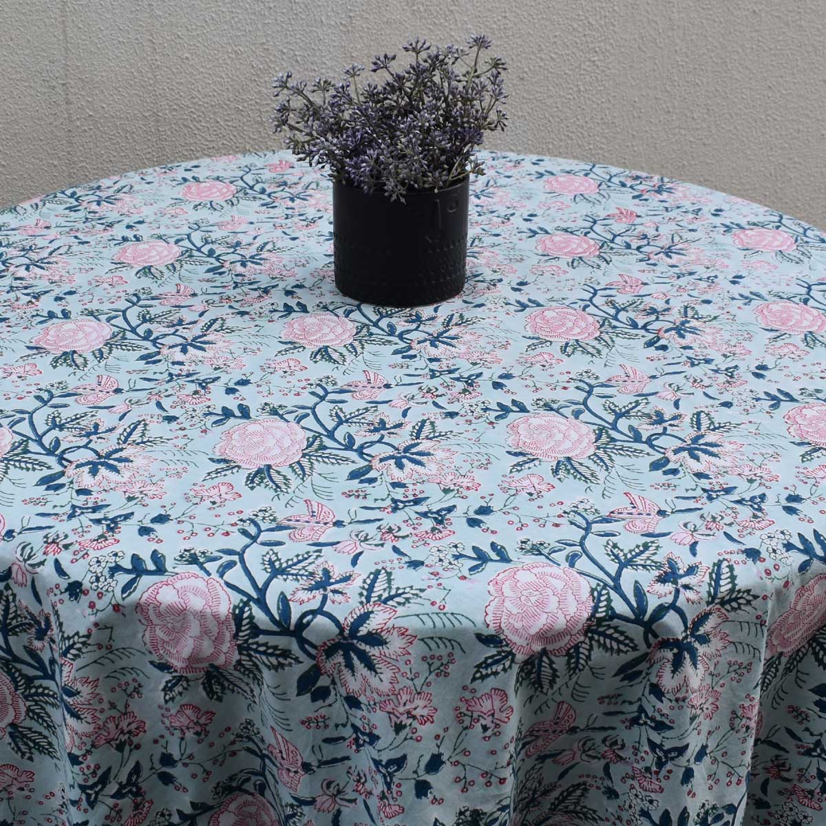 Hand Block Printed Cotton Round Tablecloth 180 cms Naya Gulab Gud 107104