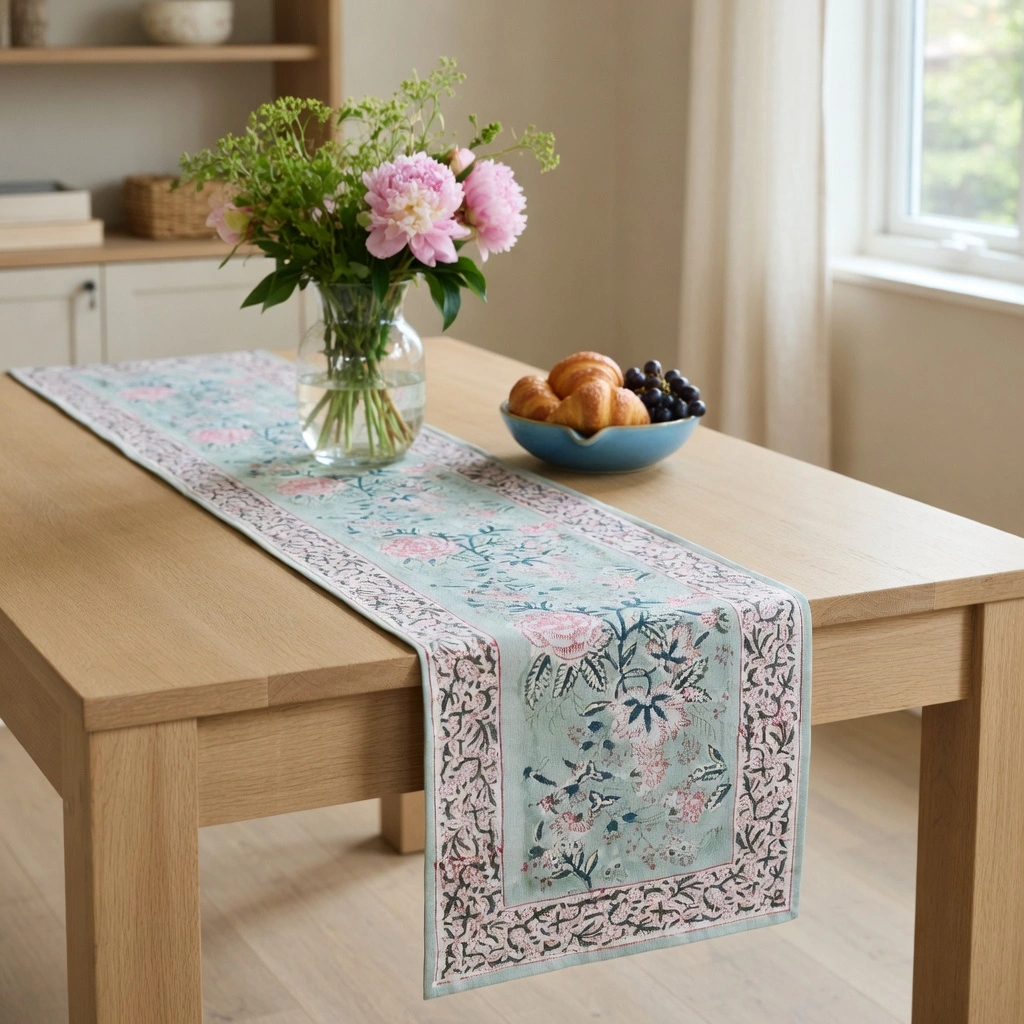 Hand Block Printed Cotton Canvas Table Runner 33x120 cms Naya Gulab Gud 208440