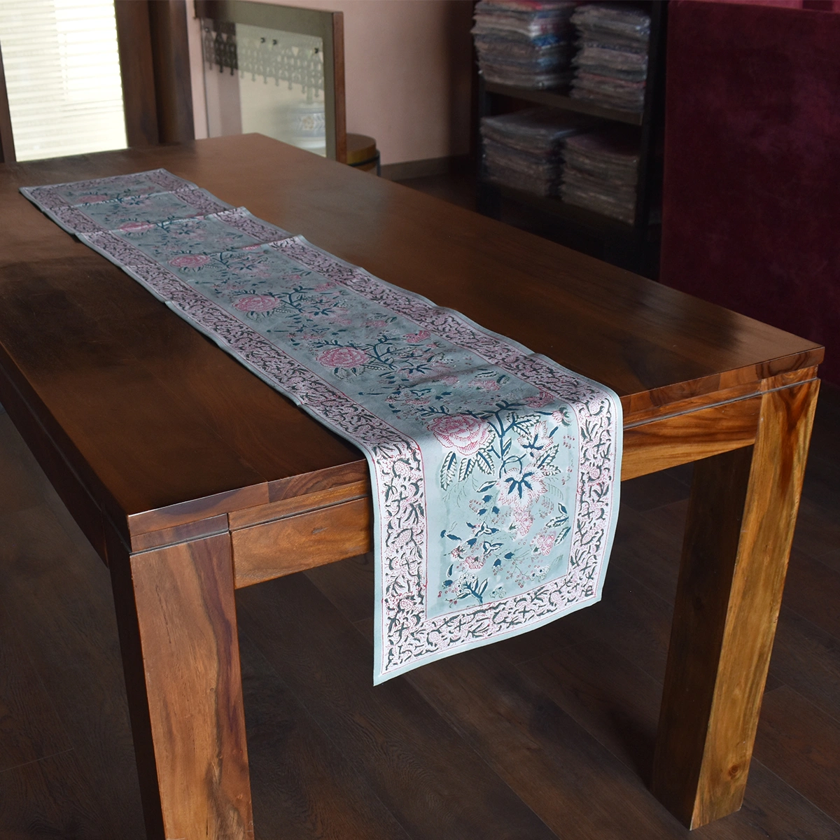Hand Block Printed Cotton Canvas Table Runner 33x170 cms Naya Gulab Gud 208448