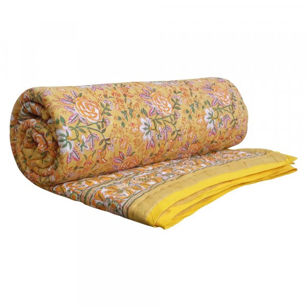 Hand Block Printed Cotton Queen Size Quilt Naya Gulab Mustard 620634