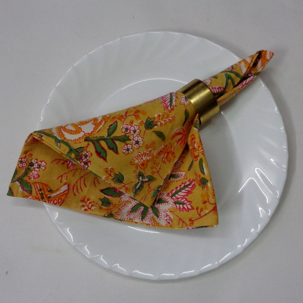 Hand Block Printed Cotton Napkin 45x45 cms Set of 4 Napkins Naya Gulab Mustard 620634