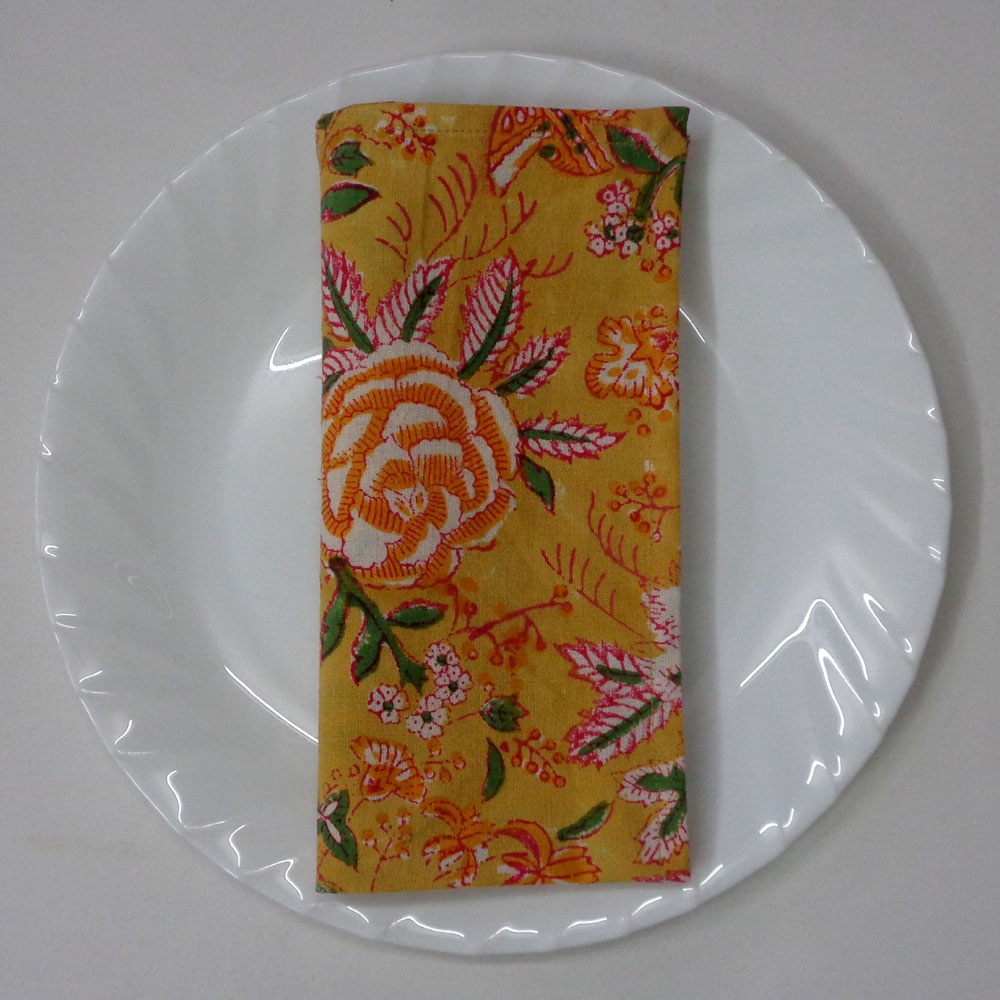 Hand Block Printed Cotton Napkin 45x45 cms Set of 4 Napkins Naya Gulab Mustard 620634