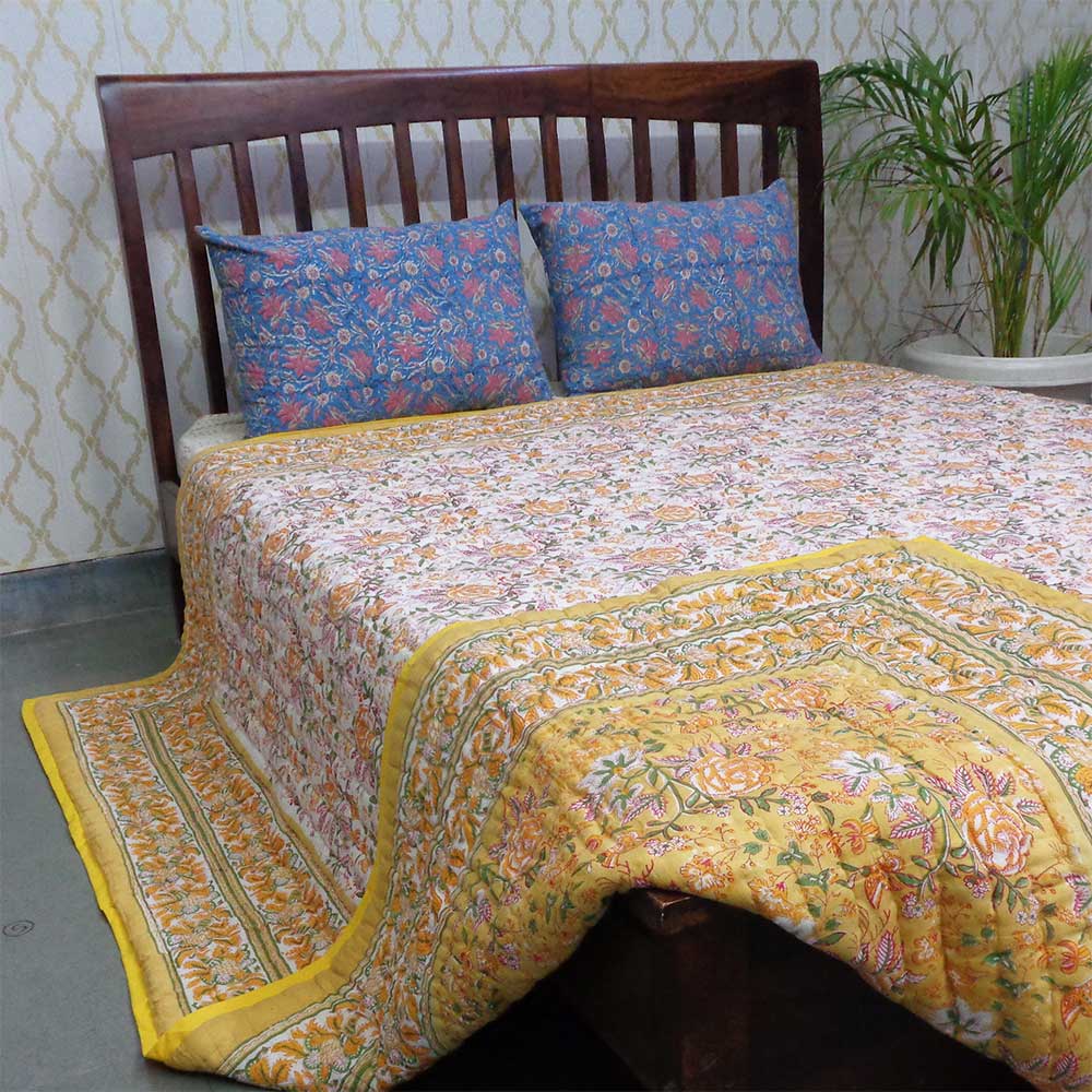Hand Block Printed Cotton King Size Quilt Naya Gulab Mustard 620634