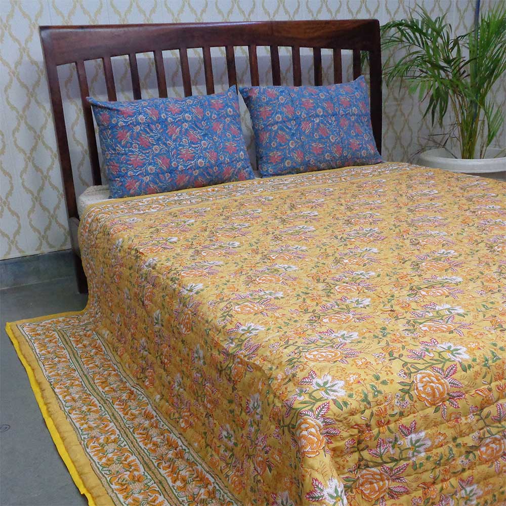Hand Block Printed Cotton King Size Quilt Naya Gulab Mustard 620634