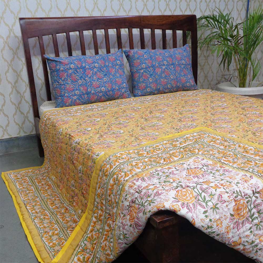 Hand Block Printed Cotton King Size Quilt Naya Gulab Mustard 620634