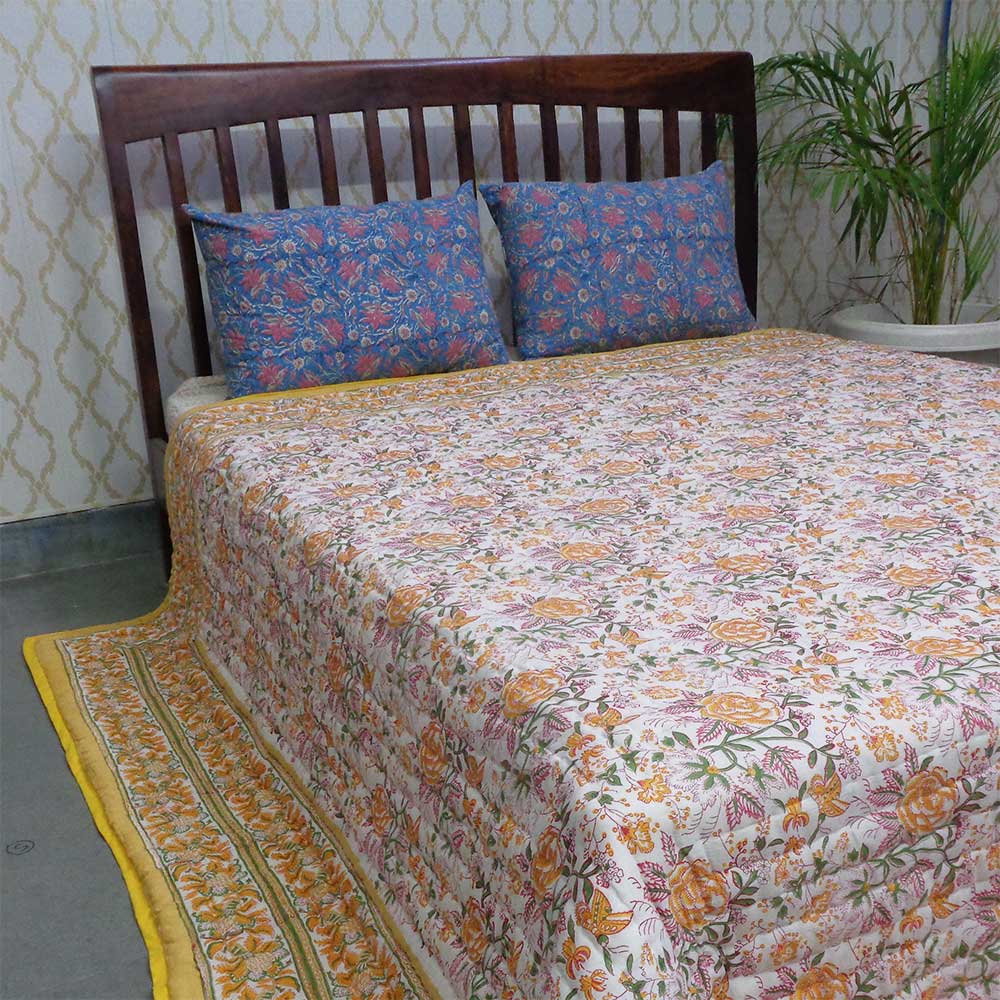 Hand Block Printed Cotton King Size Quilt Naya Gulab Mustard 620634