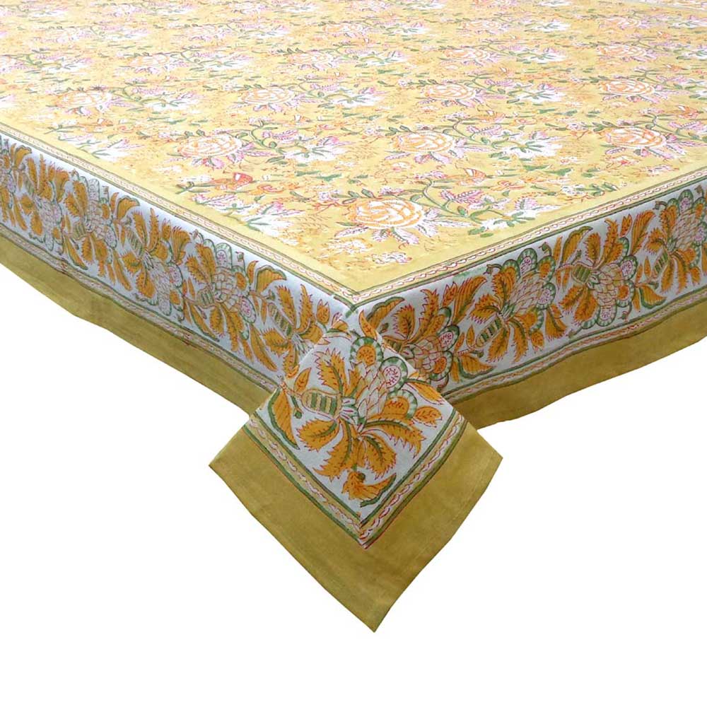 Hand Block Printed Cotton Tablecloth 150x220 cms Naya Gulab Mustard 620634