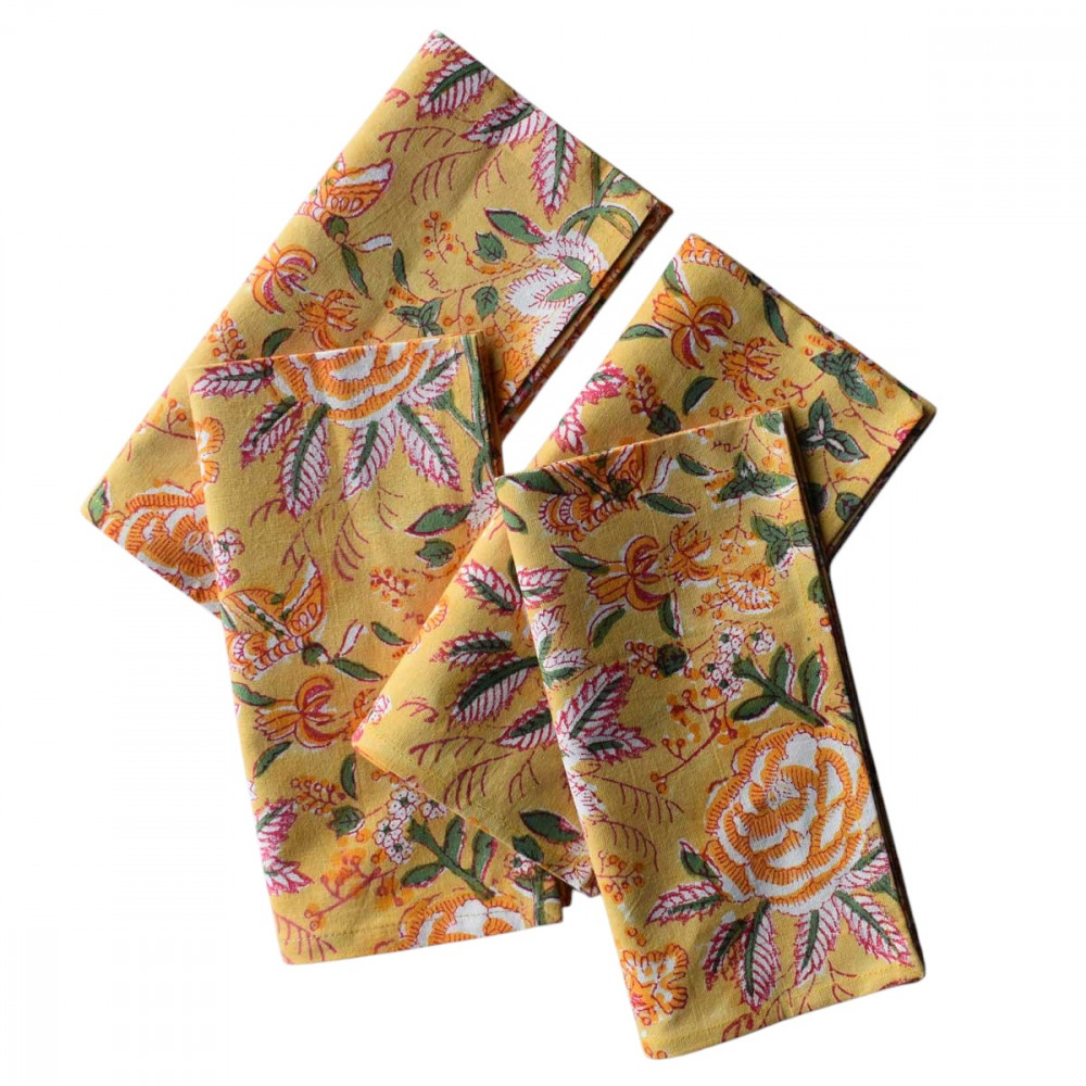 Image of Hand Block Printed Cotton Napkin 45x45 cms (Set of 4 Napkins) | Naya Gulab Mustard 620634