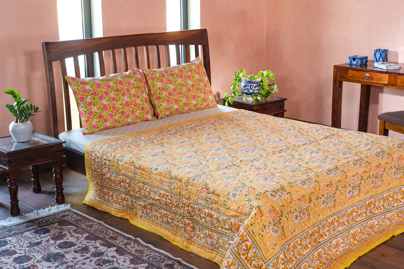 Hand Block Printed Cotton Queen Size Quilt Naya Gulab Mustard 620634